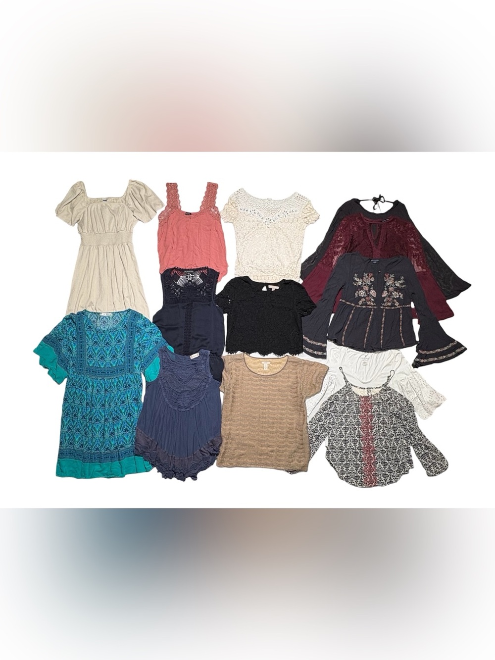 Bundle of 13 women sz XS tops & dress Boho, Cottagecore, Fringe, lace, crochet